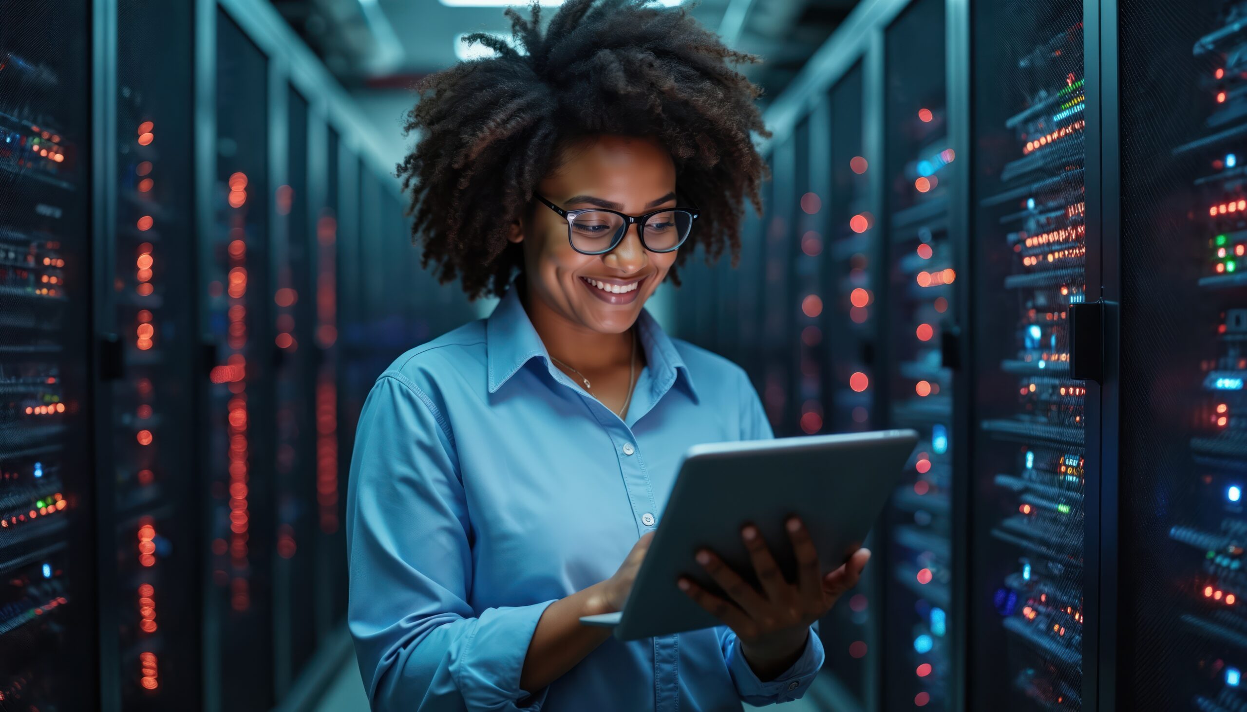 Femme utilisant une tablette pour gerer l informatique avec baie serveur